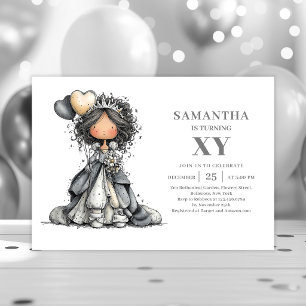 Quirky Chic Girl Birthday Sketch Black Gold invite