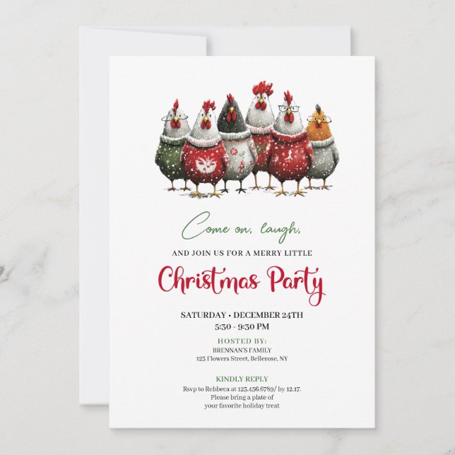 Quirky Chickens Cartoon Christmas Party Invitation (Front)