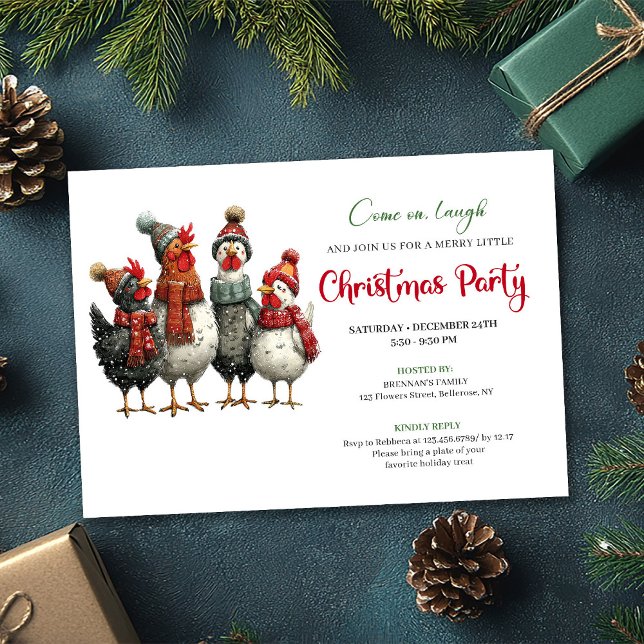 Quirky Chickens Watercolor Christmas Party Invites (Quirky Chickens Watercolor Christmas Party Editable)