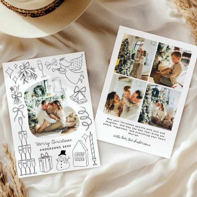 Quirky Christmas 5 Photo Hand drawn Doodle Holiday Card (Creator Uploaded)