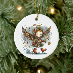 Quirky Christmas Angel Modern Art Style Ceramic Tree Decoration