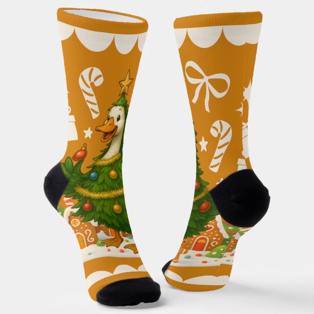 Quirky Christmas Goose Tree | Funny Holiday Socks (Angled)