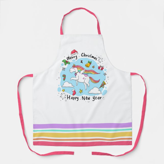 Quirky Christmas & New Year Unicorn Rainbow Apron (Front)