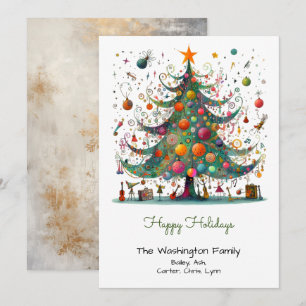 Quirky Christmas Tree Illustration Green Happy Holiday Card