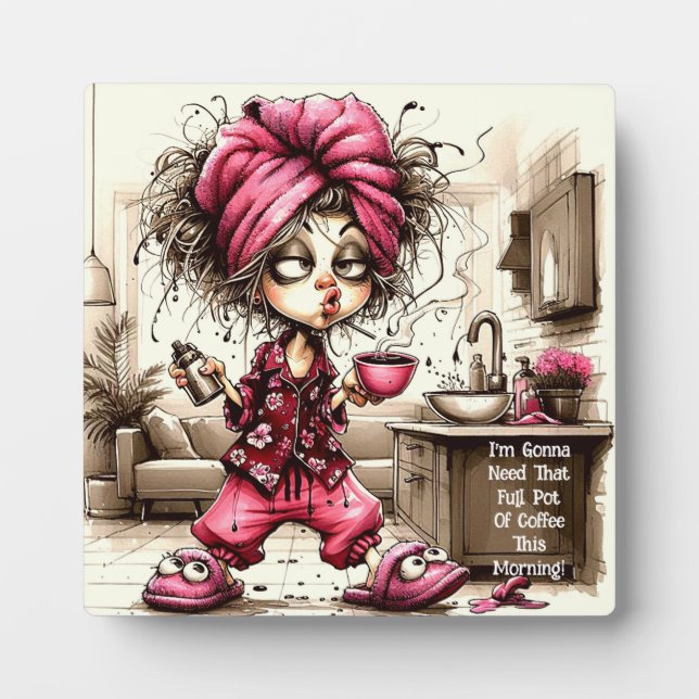 Quirky Coffee Lady Full Pot Plaque with Easel (Front)