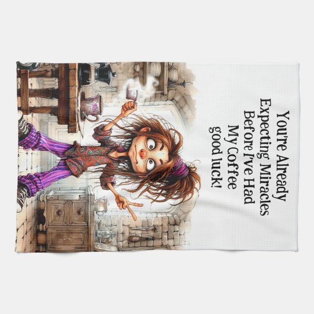 Quirky Coffee Lady Good Luck Kitchen Towels (Horizontal)