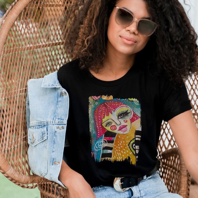 Quirky Colorful Original Art Girl Pink Orange Blue Tri-Blend Shirt (Creator Uploaded)