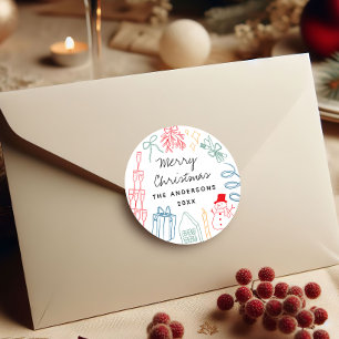 Quirky Colourful Christmas Hand drawn Doodle  Classic Round Sticker