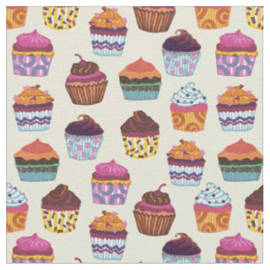 Quirky Colourful Cupcakes Illustration Pattern Fabric