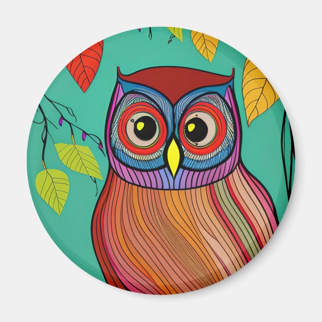 Quirky Colourful Folk Art Abstract Owl Magnet (Front)