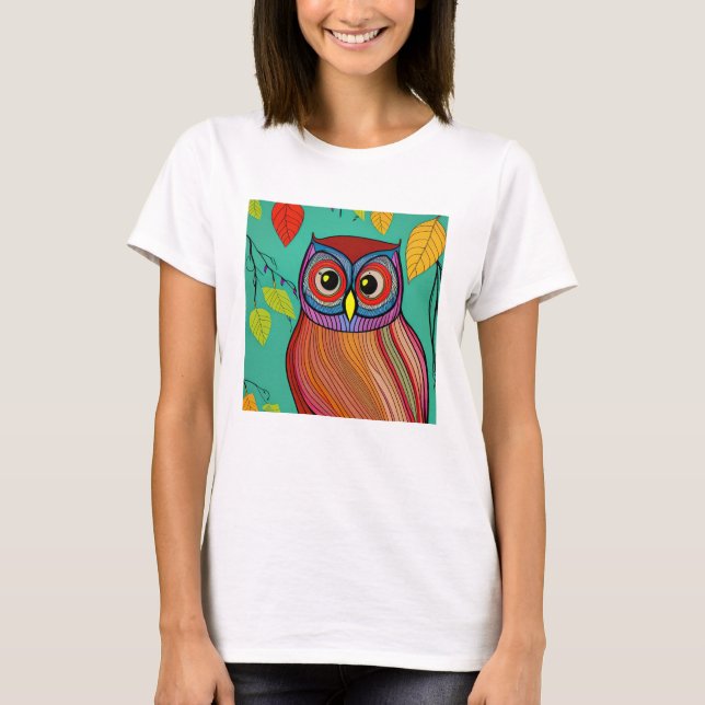 Quirky Colourful Folk Art Abstract Owl T-Shirt (Front)