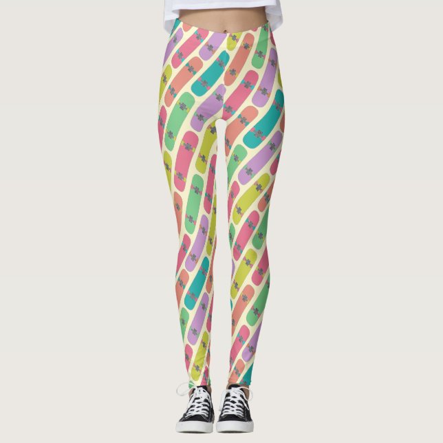 Quirky Colourful Skateboard Pattern Leggings (Front)
