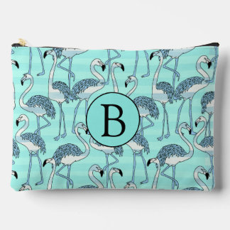 Quirky Cool Striped Blue Flamingo Pattern Monogram Accessory Pouch