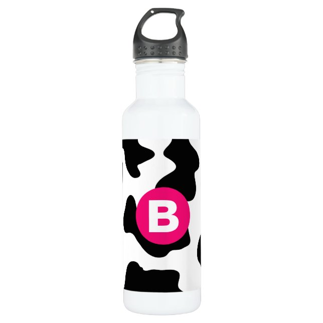 Quirky Cow Patch Pattern Pink Monogram 710 Ml Water Bottle (Front)