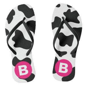 Quirky Cow Patch Pattern Pink Monogram Jandals