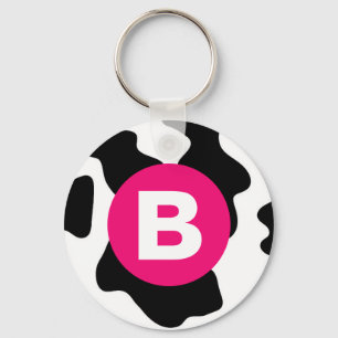 Quirky Cow Patch Pattern Pink Monogram Key Ring