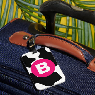 Quirky Cow Patch Pattern Pink Monogram Luggage Tag