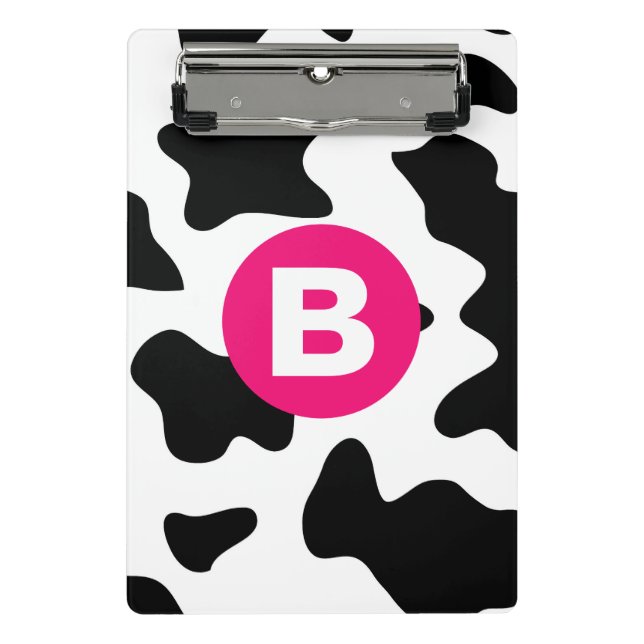 Quirky Cow Patch Pattern Pink Monogram Mini Clipboard (Front)