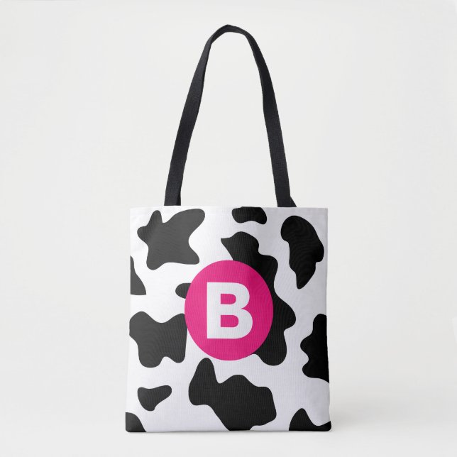 Quirky Cow Patch Pattern Pink Monogram Tote Bag (Front)
