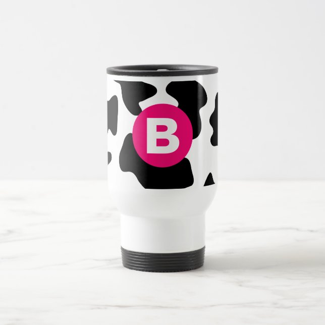 Quirky Cow Patch Pattern Pink Monogram Travel Mug (Center)