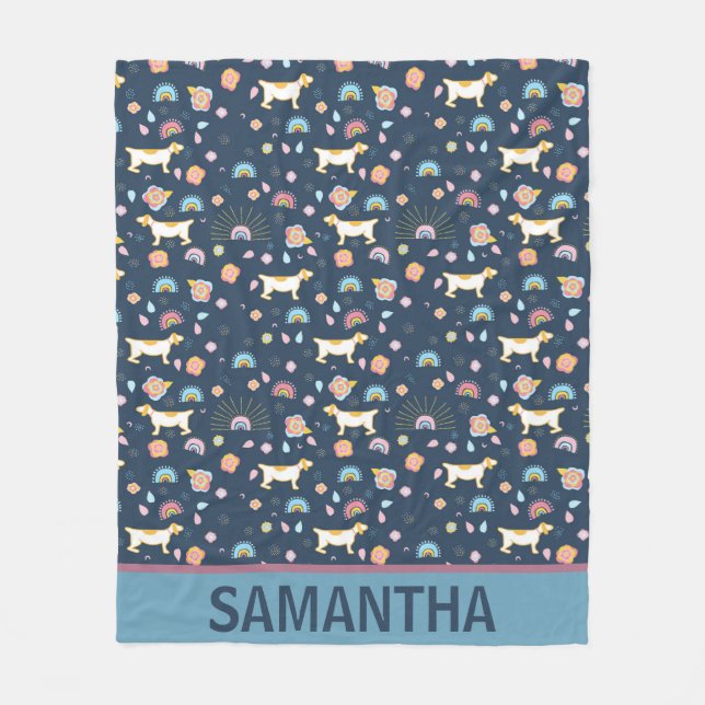 Quirky Cute Dog Rainbow Pattern Blue Personalised Fleece Blanket (Front)