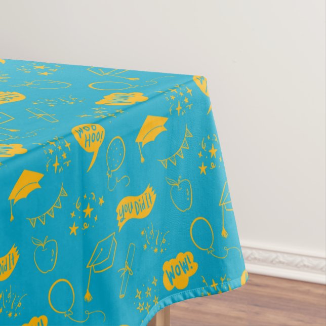 Quirky Doodle Blue Yellow Graduation Party Tablecloth (In Situ)