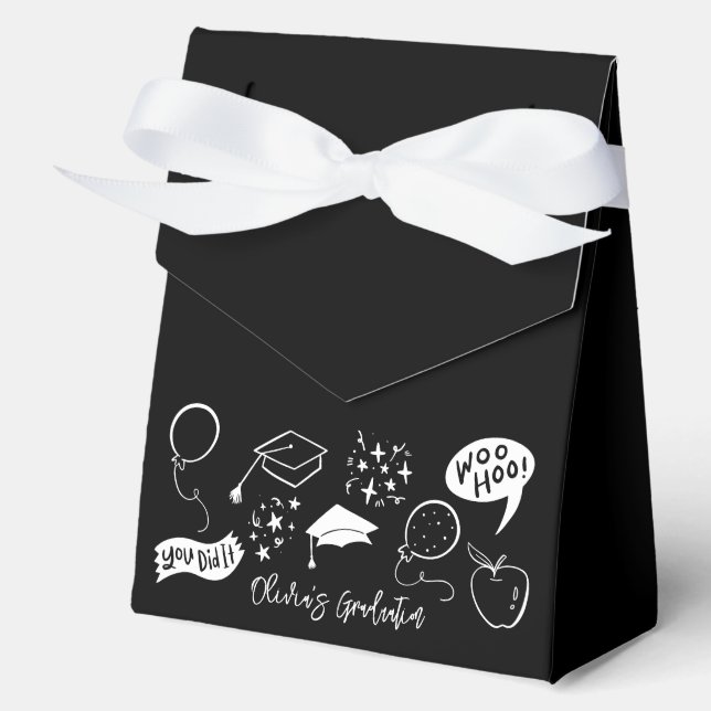 Quirky Doodle Graduation Party Black Favour Box (Front)
