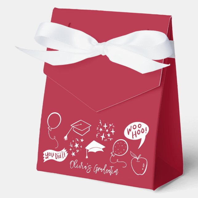 Quirky Doodle Graduation Party Red Favour Box (Front)
