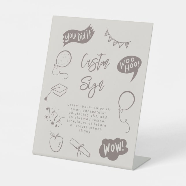 Quirky Doodle Graduation Party Sandy Beige Custom  Pedestal Sign (Front)