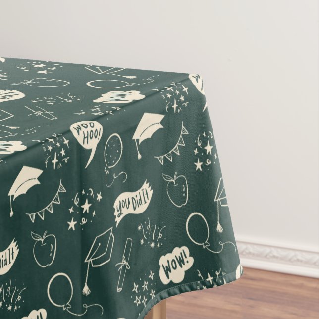 Quirky Doodle Green Graduation Party Tablecloth (In Situ)