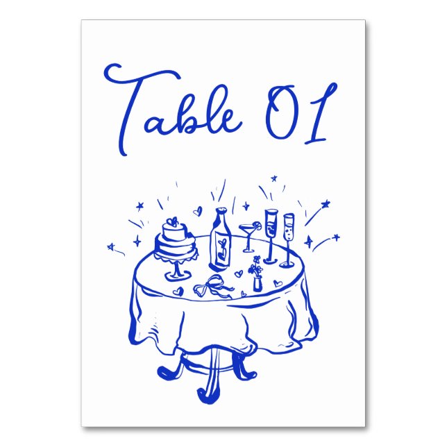 Quirky Doodle Hand Drawn Blue table Number (Front)