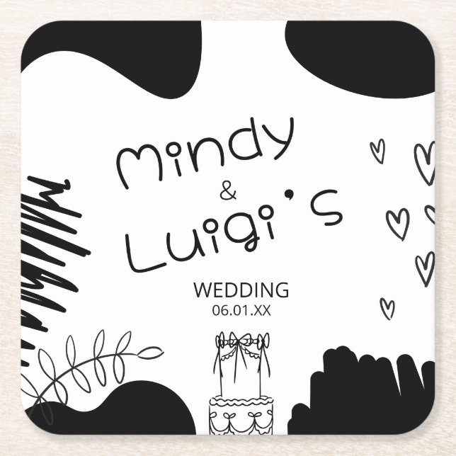 Quirky Doodle Shapes Script Wedding Square Paper Coaster (Front)