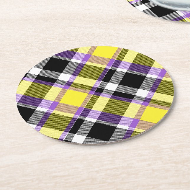Quirky Eclectic Boho Nonbinary Plaid Pride Flag Round Paper Coaster (Angled)