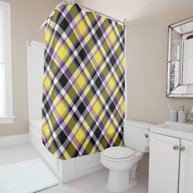 Quirky Eclectic Boho Nonbinary Plaid Pride Flag Shower Curtain (In Situ)