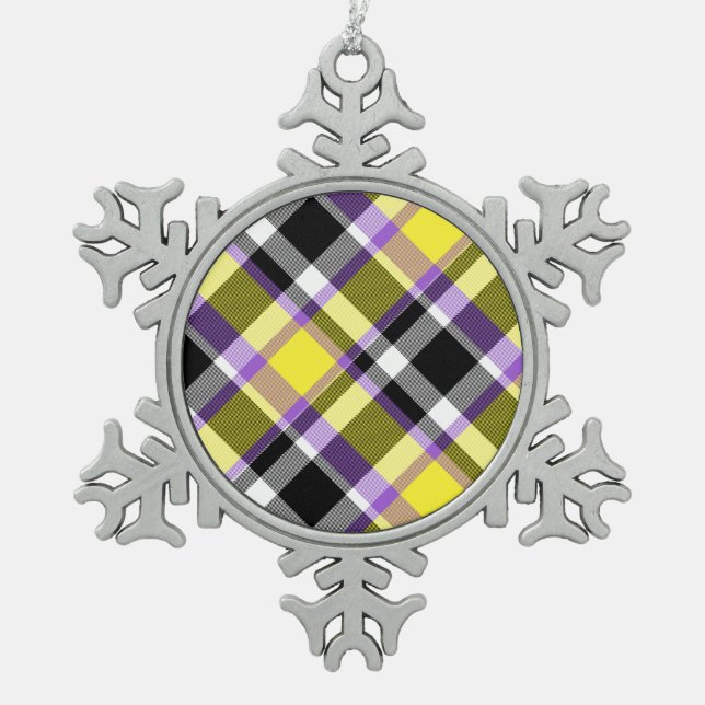 Quirky Eclectic Boho Nonbinary Plaid Pride Flag Snowflake Pewter Christmas Ornament (Front)