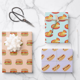 Quirky Fast Food Burger Pizza and Hot Dog Patterns Wrapping Paper Sheet