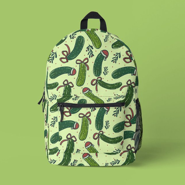 Quirky Festive Christmas Pickles Pattern Printed Backpack (Christmas Pickle Pattern Backpack)