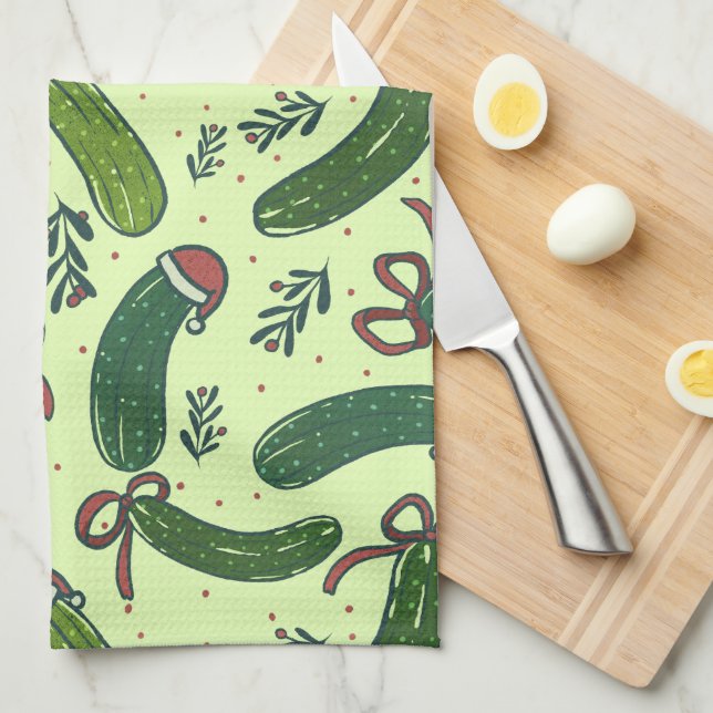 Quirky Festive Christmas Pickles Pattern Tea Towel (Quarter Fold)