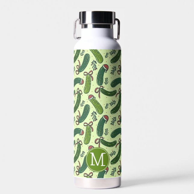 Quirky Festive Christmas Pickles Pattern Water Bottle (Front)
