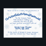 Quirky Festive Fun All Inclusive Holiday Party Invitation Postcard<br><div class="desc">What do you get when you blend together Christmas, Solstice, Hanukkah & Kwanzaa? You get a quirky fun way to celebrate the season with your family and friends! This delightful invitation features a festive design with pale blue snowflakes on a white background and dark blue whimsical text reading: Please join...</div>