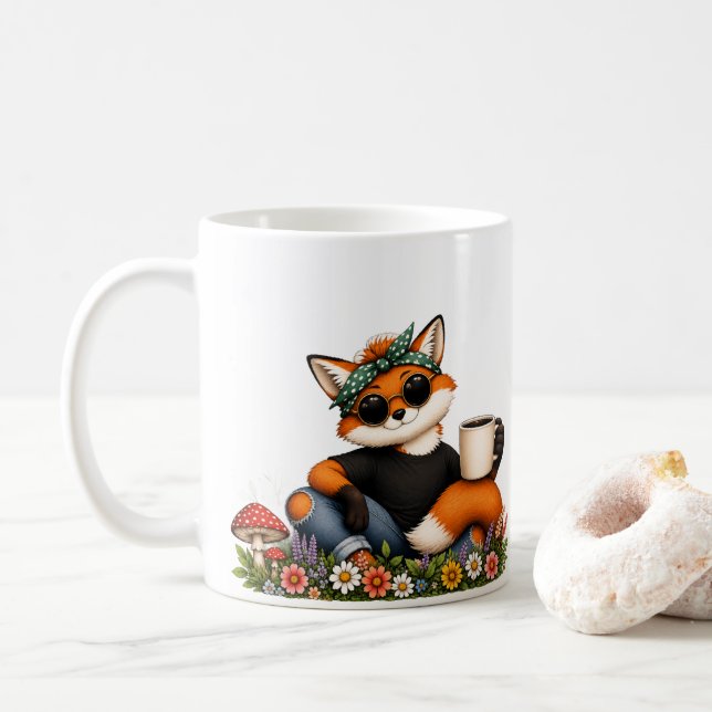 Quirky Fox with Sunglasses and Wildflowers Mug (With Donut)