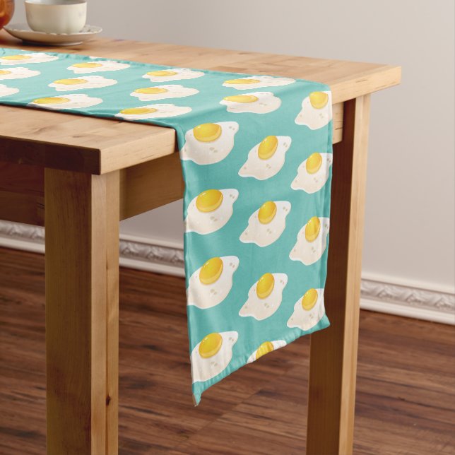 Quirky Fried Egg Graphic Pattern on Teal Short Table Runner (In Situ)