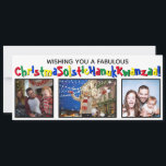 Quirky Fun All Inclusive 3 Photo Primary Colours Holiday Card<br><div class="desc">This quirky and fun holiday card covers all of the bases. The greeting reads "Wishing you a Fabulous ChristmaSolsticHanukKwanzaa!" - blending the words Christmas Solstice, Hanukkah and Kwanzaa into one long word. The text is written out in a whimsical font with alternating primary colours, and there is space to upload...</div>