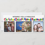 Quirky Fun All Inclusive 3 Photo Primary Colours Holiday Card<br><div class="desc">This quirky and fun holiday card covers all of the bases. The greeting reads "Wishing you a Fabulous ChristmaSolsticHanukKwanzaa!" - blending the words Christmas Solstice, Hanukkah and Kwanzaa into one long word. The text is written out in a whimsical font with alternating primary colours, and there is space to upload...</div>