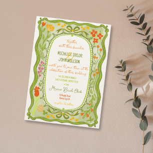 Quirky Fun Whimsical Floral Bow Doodle Hand Drawn Invitation