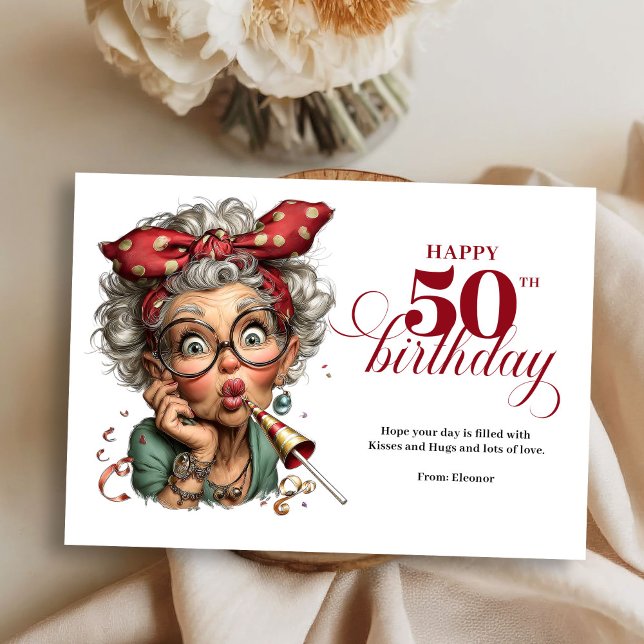 Quirky Funny Lady 50th Birthday Humor Cartoon Card (Quirky Funny Lady 50th Birthday Humor Cartoon Greeting Card)
