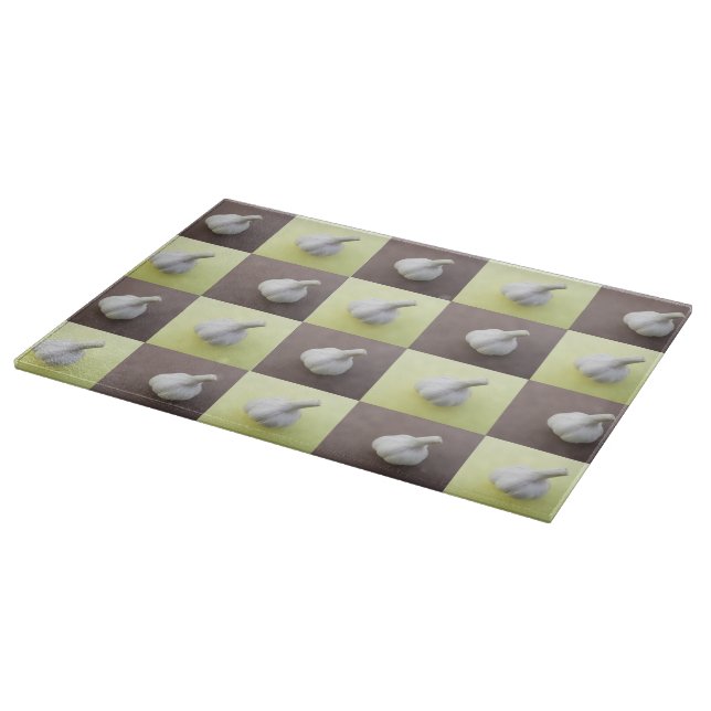 Quirky Garlic Green and Brown Checked Cutting Board (Corner)