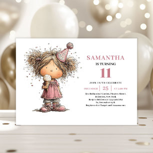 Quirky Girl 11th Birthday Invite Dusty Pink Card