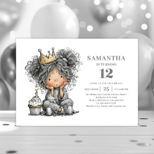 Quirky Girl 6th Birthday Black Gold Party invite