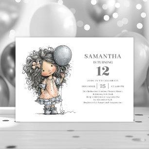 Quirky Girl 6th Birthday Black Gold Party invites